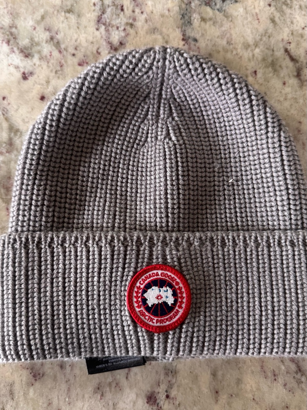 Canada Goose Gray Ribbed Knit Beanie with Red Logo Patch